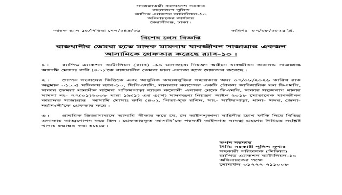 রাজধানীর ডেমরা হতে মাদক মামলায় যাবজ্জীবন সাজাপ্রাপ্ত একজন আসামিকে গ্রেফতার করেছে র‌্যাব-১০।