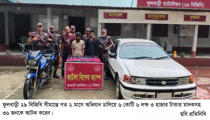 ফুলবাড়ী ২৯ বিজিবি সীমান্তে গত ২ মাসে অভিযান চালিয়ে ৬ কোটি ৬ লক্ষ ৩ হাজার টাকার মাদকসহ ৩৬ জনকে আটক করেন\
