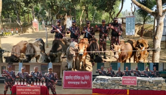 শেরপুর ও ধোবাউড়া সীমান্তে অর্ধকোটি টাকার চোরাচালানি পণ্য ও মাদক জব্দ।