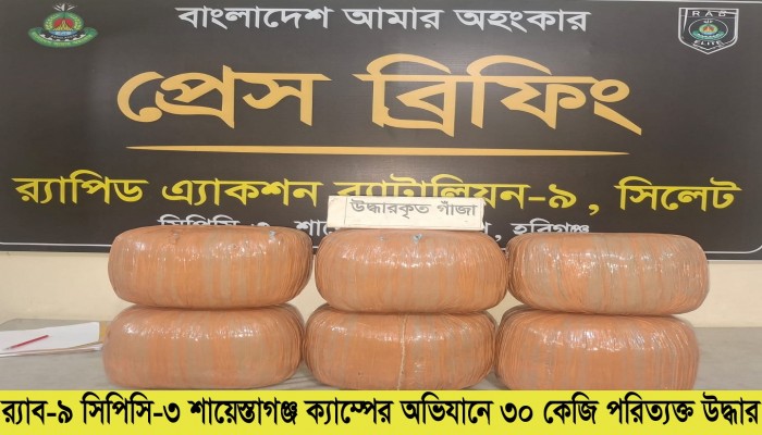 ​র‌্যাব-৯ এর অভিযানে হবিগঞ্জের চুনারুঘাট থেকে ৩০ কেজি  গাঁজা উদ্ধার