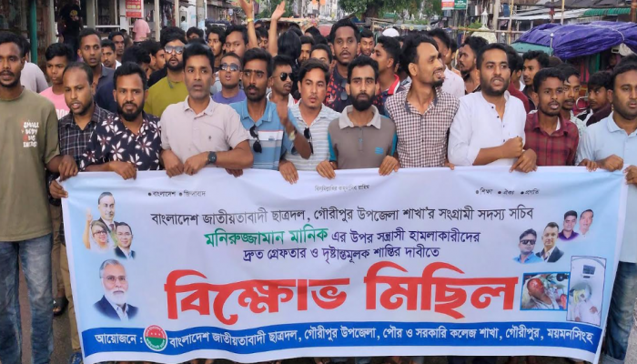গৌরীপুরে উপজেলা ছাত্রদলের সদস্য সচিব মনিরুজ্জামান মানিকের ওপর হামলার প্রতিবাদে বিক্ষোভ ও প্রতিবাদ সমাবেশ