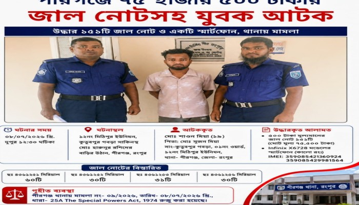 পীরগঞ্জে ৭৫ হাজার ৫০০ টাকার জাল নোটসহ যুবক আটক, থানায় মামলা