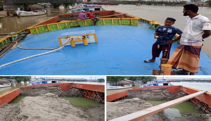 কুশিয়ারা নদীতে অবৈধ ভাবে বালু উত্তোলন খালে বালুবোজাই নৌকা আটক করেছে প্রশাসন।