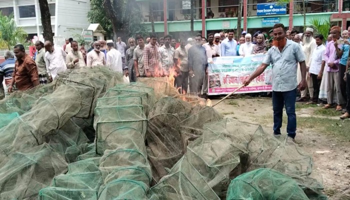 ফুলবাড়ীতে ১৮টি চায়না দুয়ারী জাল ও ৫টি কারেন্ট জাল পুড়িয়ে ধ্বংস