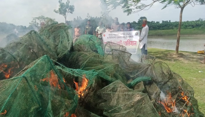 চায়না দু'য়ারী’ রিং জা'লের ছ'ড়াছ'ড়ি, অ'স্তিত্ব সংকটে দেশীয় মাছ,অ'বশেষে অ'ভিযান পরিচালনা করে জা'ল পু'ড়িয়ে ধ্বং'স